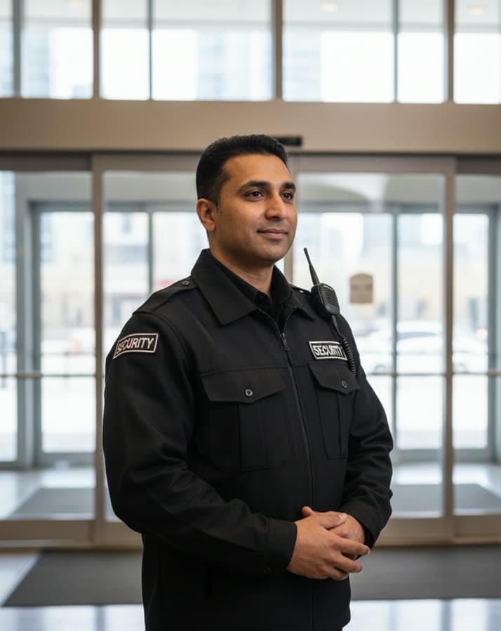 A security guard at a building entrance